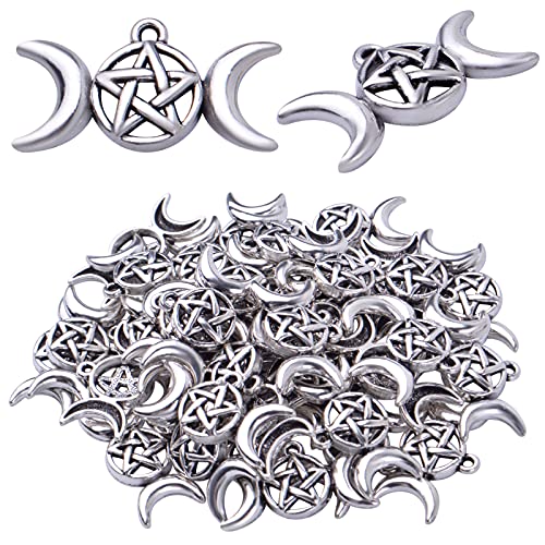 40pcs Antique Silver Moon Goddess Pendant Charms Pentagram Moon Charms Pentacle Crescent Moon Pendant for DIY Crafts Jewelry Decorations