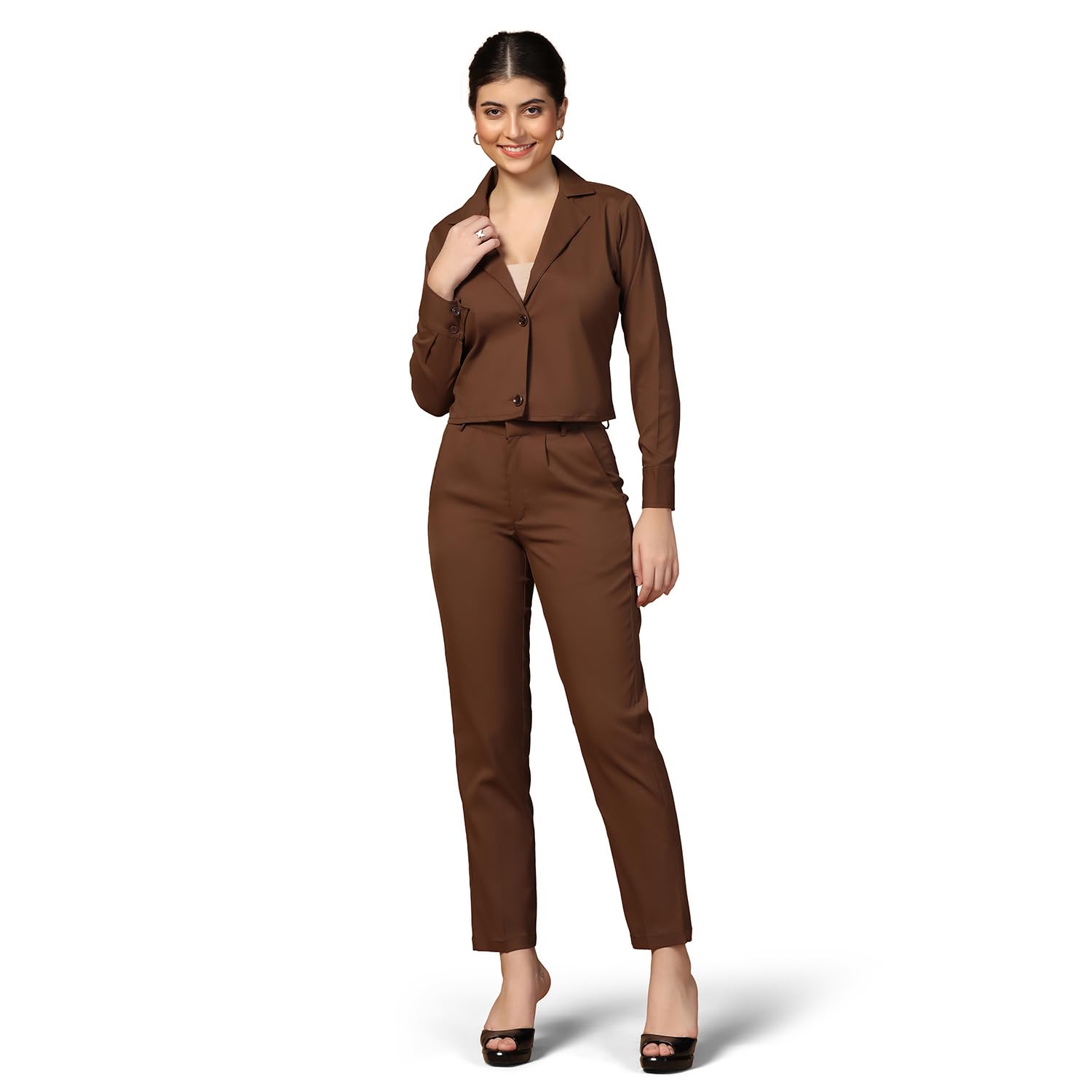 Co-Ord Set for Women | Viscose Rayon Full Sleeves Cropped Button-Down Top and High-Waisted Pleated Pants Set-image-20