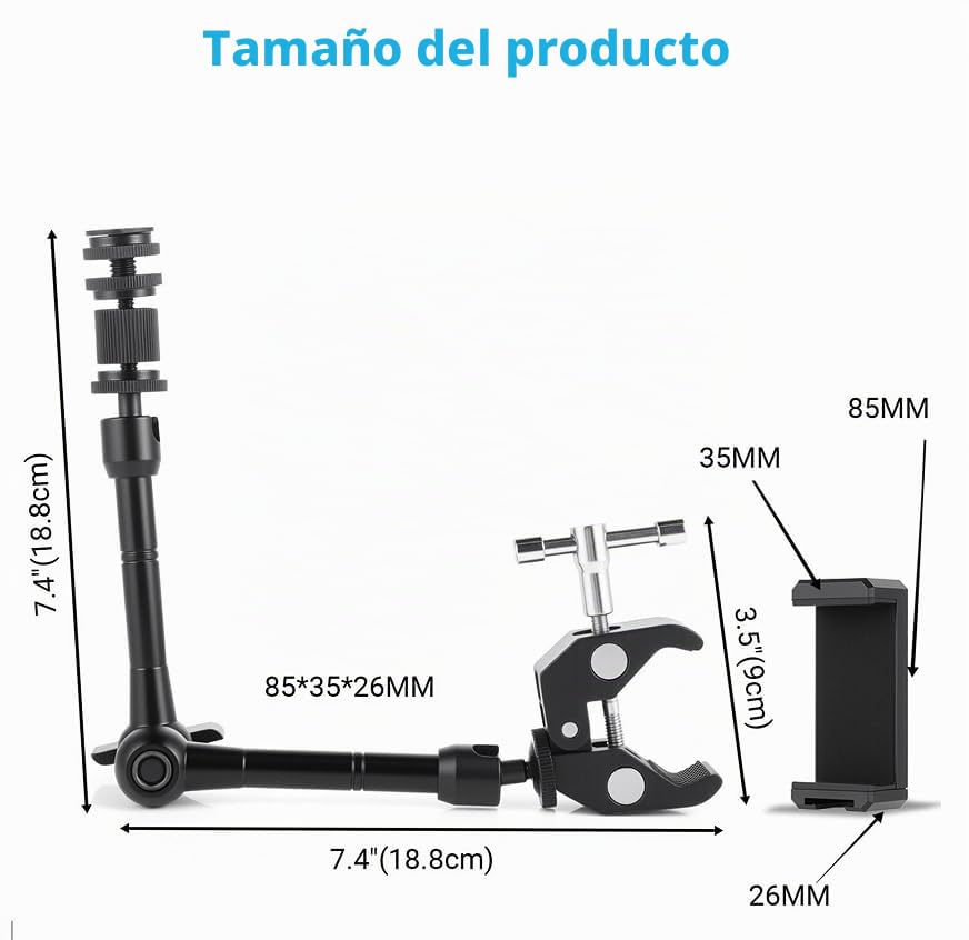 Windfromort Brazo Mágico de 11 Pulgadas - Soporte Flexible para Cámara con Superabrazadera - Brazo Ajustable con Rosca de 1/4" y 3/8" - Negro