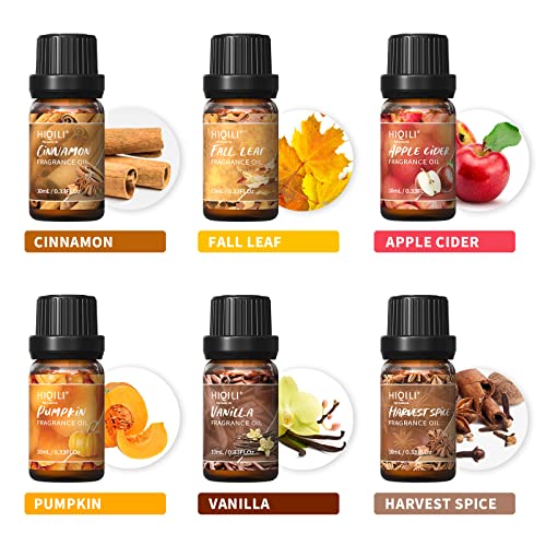 HIQILI Spice Fragrance Oil, Scented Oil 6x10ml for Candle Making Soap Slime, Fall Essential Oils for Diffuser Home, Cinnamon Pumpkin Vanilla Apple Cider Harvest Spice Fall Leaf, Christmas