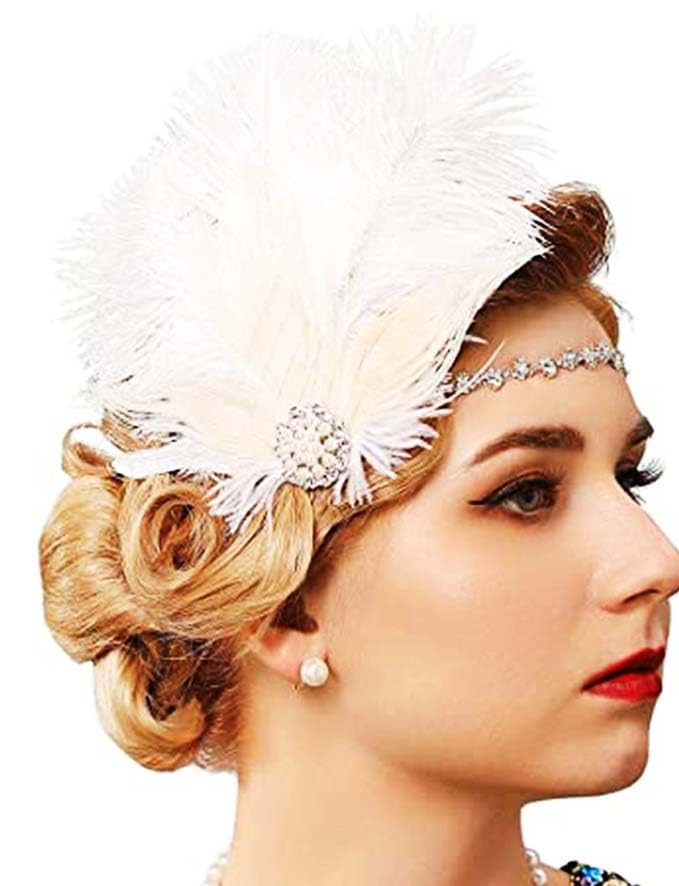 GENBREE 1920s Flapper Headpiece White Feather Headband Rhinestone Hair Accessories for Women and Girls