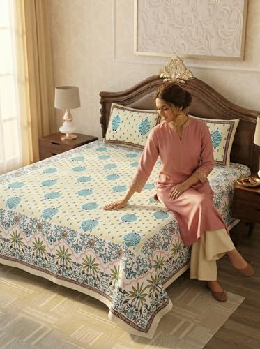 Image of Mafatlal 144 TC Sanskriti Cotton King Bedsheet | 90 x 108 Inches | Traditional Print | Long Lasting & Comfortable | 2 Pillow Covers | Yellow Jasper
