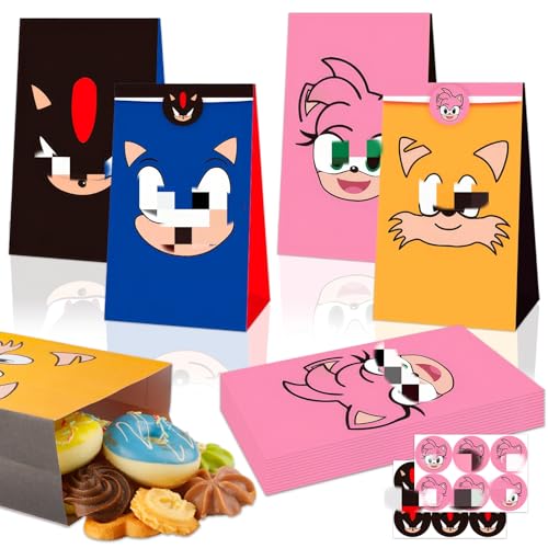 Kids Party Bags- 24Pcs Cartoon Paper Bags for Kids Party Birthday Bags with Stickers Party Goodie Bag for ParTy Bag Fillers Boys Girls Gift Bags for Birthday ParTy Supplies ParTY Favor Candy Bags