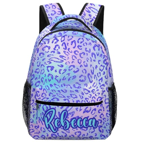 Personalized Blue Purple Bling Leopard Print School Backpack for Students Children Custom Themed Schoolbag for Girl Boy Casual Bookbag 16 In
