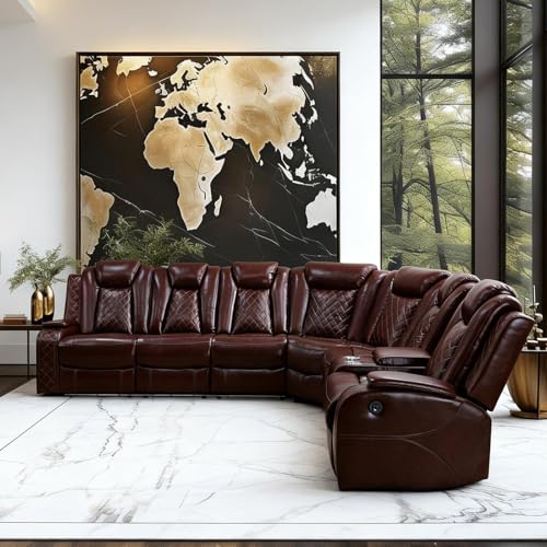 Image of Power Reclining Sectional Sofa for Living Room - Brown Leather Sectional with Recliner, LED Lights, Storage Console & Cup Holders, Comfortable Family Couch