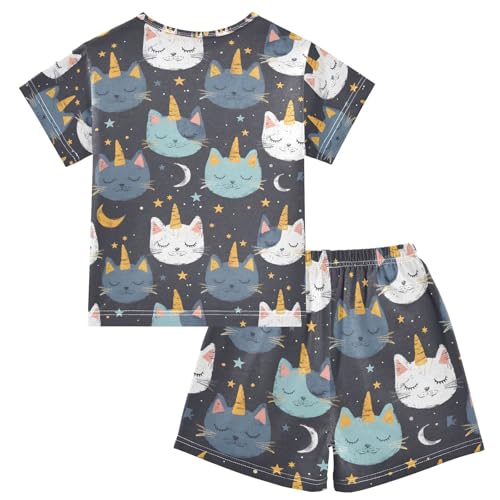 ALAZA Cat Unicorn Star Moon Pajamas Set Short Sleeve Cotton Sleepwear Summer Pjs 2 Piece 5-14Y2