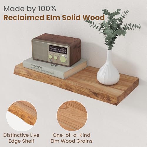 Image of Floating Shelves for Wall Decor, Rustic Solid Elm Wood Live Edge Floating Shelves Wall Mounted, Wall Shelves with Invisible Bracket for Living Room Bathroom Bedroom Kitchen, 20 Inch Set of 2, Natural