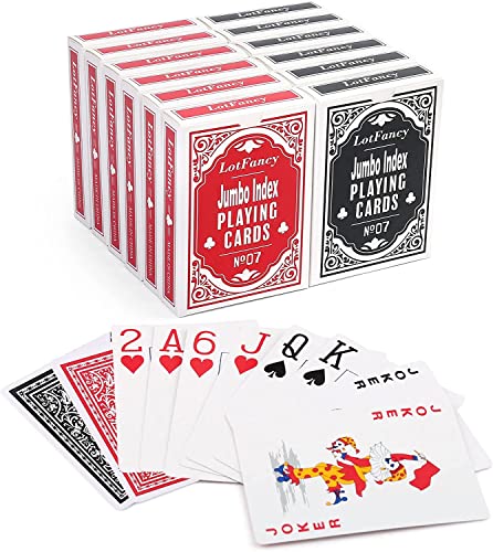 LotFancy Carta de Juego con Impresión Grande, 12 Barajas, Cartas de Póquer con índice Jumbo para Pinochle, Cartas de Juego Canasta, Accesorios Mágicos, Rojo y Negro