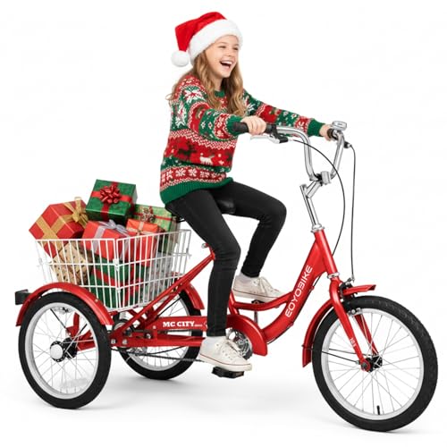 NAIZEA 16 Inch Trike Kids Bike Tricycle, Single Speed Complete Cruiser Bikes Kids Trike Kids Bicycle for Boys Girls, Three Wheel Bikes with Adjustable Height and Rear Basket, Multiple Colors