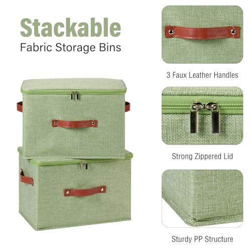 Image of 3PCS Storage Bins Boxes with Zippered Lids Cotton Linen Fabric Decorative Basket PU Leather Handles PP Plastic Board Foldable Lidded Shelf Closet Organizer Container (Light Green, Large)