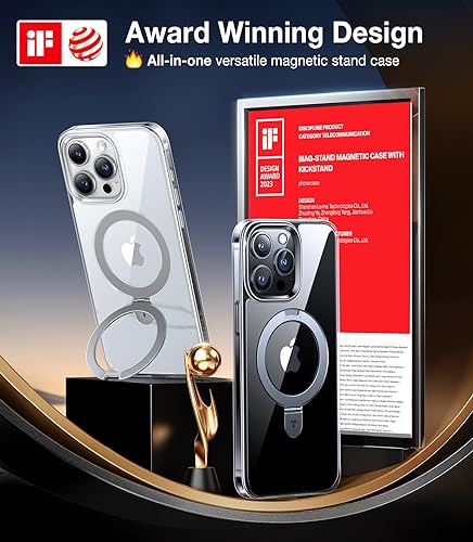 Image of TORRAS Magnetic Shockproof for iPhone 15 Pro Case with Built-in Stand [Compatible with MagSafe] [12FT Military Drop Protection] Sturdy Kickstand Slim Protective for 15 Pro Phone Case, Crystal Clear