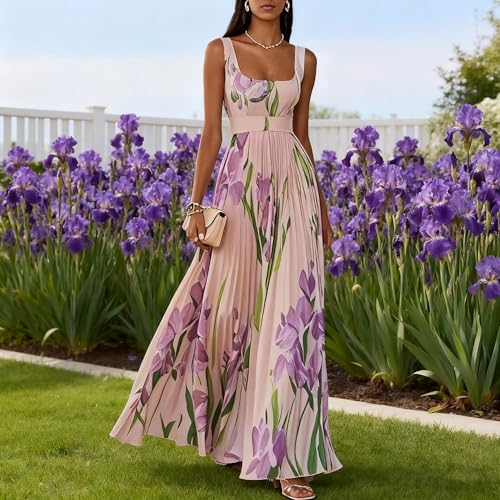 Women's Square Neck Floral Dress-Elegant Pleated Maxi Dress with High Waist Sleeveless Design Women Wedding Guest Dress Boho2