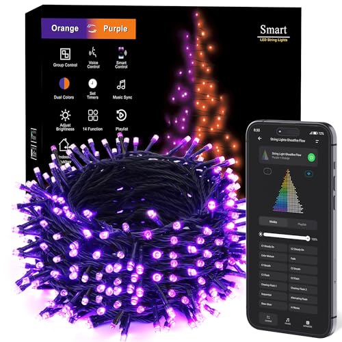 Image of Brizled Smart Halloween Lights, 300 LED 98FT Orange & Purple Color Changing String Lights APP & Voice Control, Music Sync, Dimmable Ghostfire Flow Light for Outdoor Indoor Halloween Thanksgiving Decor