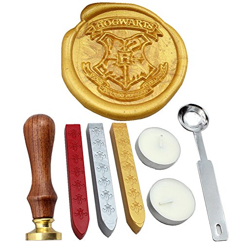 FQL Harry Potter Hogwarts School Badge Vintage Rosewood Wax Seal Stamp Set with Gold Red Silver Sticks (HOG)