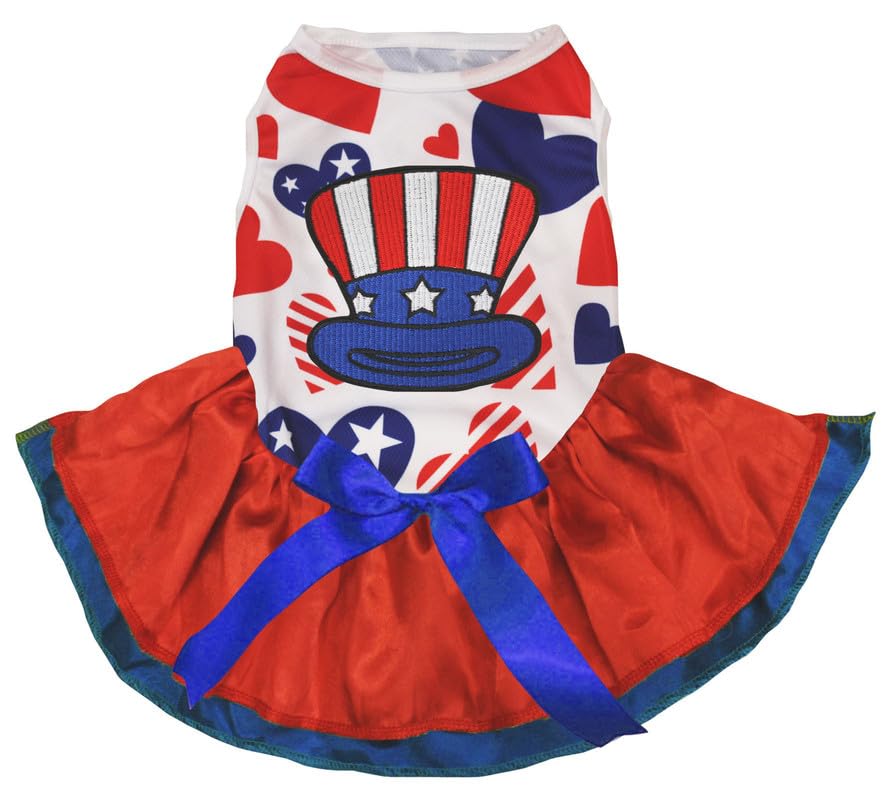 Robe chapeau d'Oncle Sam pour chiot motif cœurs USA rouge bleu en taille S