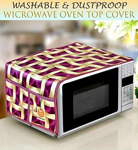 Image of KANUSHI Industries Microwave /Oven Top Cover with 4 Utility Pockets (VAR1-MICRO-PURPLE-GOLDEN-LINE-01)