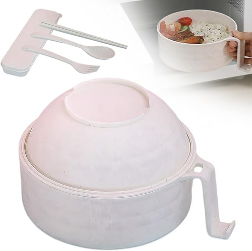 Tazón para ramen para microondas, juego de tazones para ramen con colador con tapa, asas, cuchara, palillos, tenedor, dormitorio universitario,