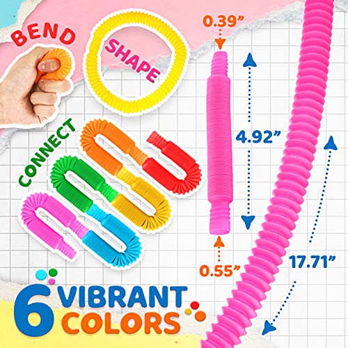 Pop Tubes Mini 12 Packs Plastic Stretch Pop Fun Toys Sensory Stress Relief for Toddlers Fidget Pop Tubes Bulk for Kindergarten DIY Learning Skills Pop Play Tubes for Classroom & Party Favors Kits