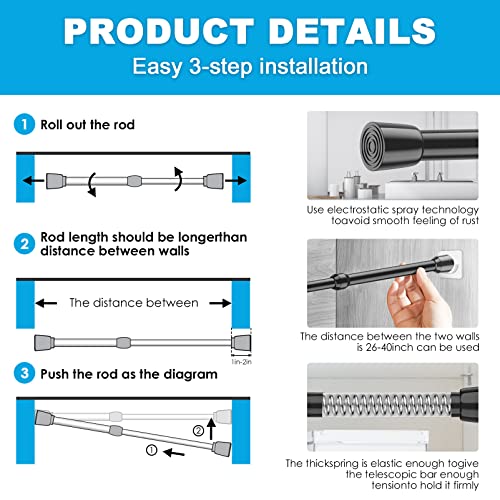 Image of MEXAU 3Pack Spring Tension Curtain Rod 26-39 inch Black Small Tension Rod | Adjustable Curtain Rods No Dilling Extendable Spring Tension Rod Short Curtain Rod for Windows, Kitchen, Bookshelf, Closet