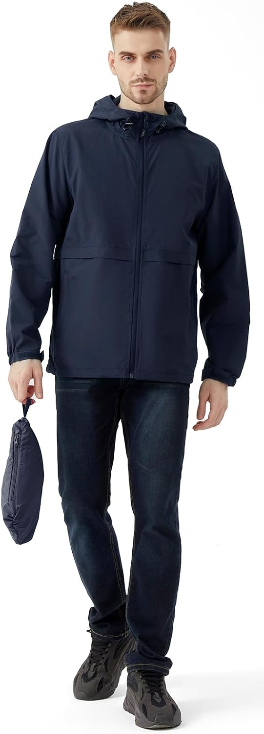 Men's Lightweight Jacket Windbreaker Packable Hooded Raincoat for Hiking Outdoor with Zippered Pocket