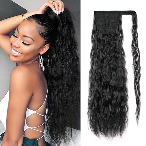Human Hair Curly Wave Ponytail Extensions Human Hair Wrap Around Corn Wave Pony Magic Paste Brazilian Human Hair Extensions for Women Natural Black(20