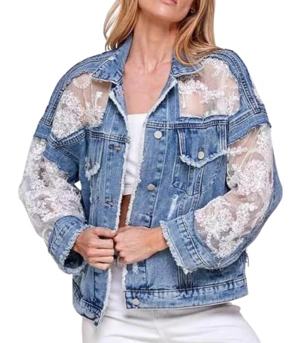 Women's Fall Denim Jackets Lace Embroidery Patchwork Ripped Jean Jackets Button Down Frayed Outwear Coat