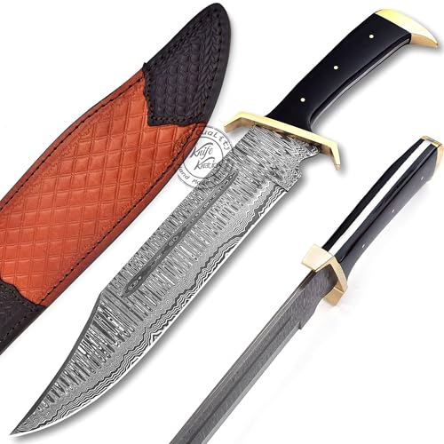 Damascus Steel Western Outlaw Bowie Hunting Knife, Fixed Blade Survival & Hunting Knife, Camping, Bushcraft, EDC - Gift for Men, Premium Leather Sheath, KKH-68