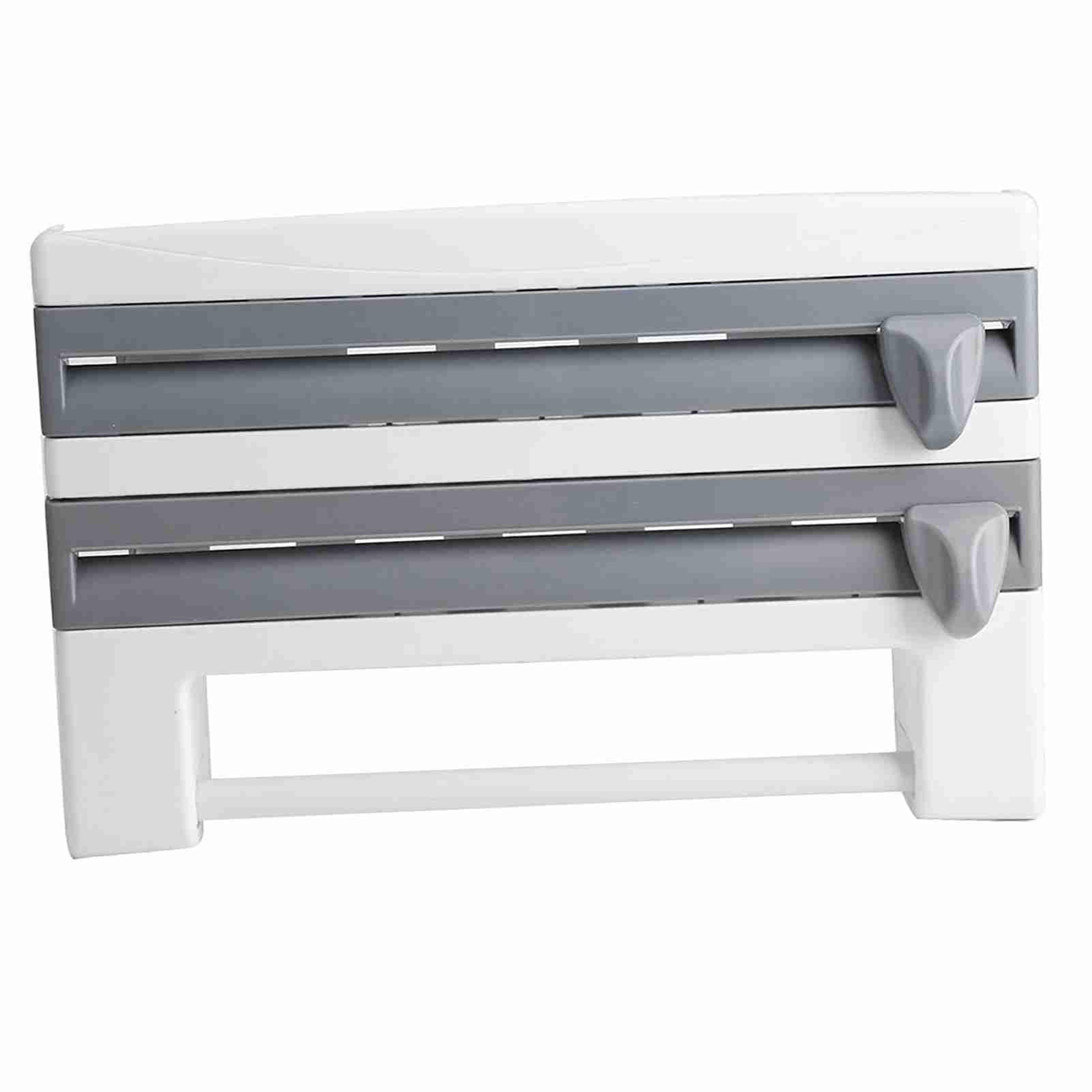 Ausla Portarrollos de Pared Triple 39 x 10 x 24 cm, Soporte de película Adhesiva de Cocina con Cortador para Papel de Aluminio, Film Transparente y Toalla de Cocina(Gris-Azul)