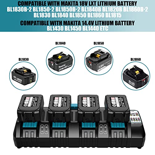YEX-BUR 4 Port Battery Charger DC18SF for Makita 14.4V-18V Lithium Batteries BL1850 BL1830 BL1840 BL1860, 18v Fast Rapid Charger Station with 2 USB Ports(Battery Not Included)