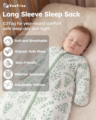 Image of Yoofoss Baby Sleep Sack 9-12 Months 100% Organic Cotton Long Sleeve Wearable Blanket Baby 2-Way Zipper 0.5 Tog Newborn Sleeping Sack, Lightweight
