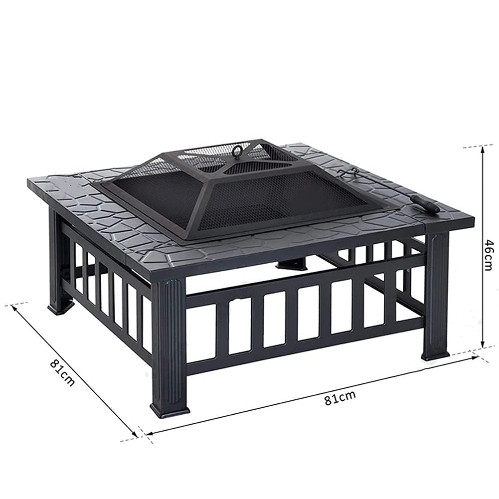Braciere da Giardino con Camino da Esterno per Cortile, Tavolo, griglia, fornello da Campeggio, braciere, Barbecue, Cortile Esterno per Campeggio (Nero 81x81x46 cm)