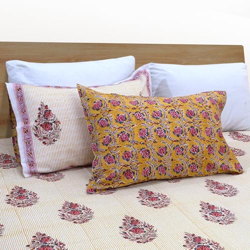 Image of TOAI Hand Block Printed Bedsheet | Bed Spread Flatsheet Bed Sheet | Pure Cotton | Queen Size 90 inchx108 inch | 210 TC Long Staple Cotton | 2 Reversible Pillow Covers |Floral Motives on Yellow Panel