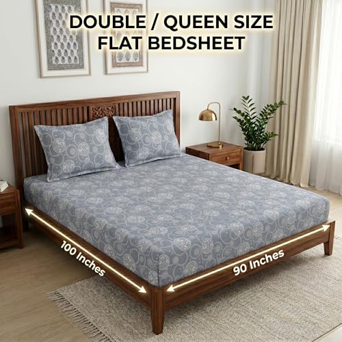 Image of Mafatlal 186 TC Grace Pure Cotton Double Size Bedsheet | 90 x 100 Inch | Soft Breathable Cotton Bed Sheet Set with 2 Pillow Covers | Slate Blue