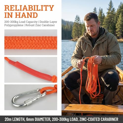 Kletterseil Hochfeste Sicherheitsseile Lang 20m Durchmesser 6mm Statisches Seil Outdoor Rettungsseil mit 1 Karabiner Festmacherleine Allzweckseil für Wandern Bergsteigen Outdoor Sport Camping