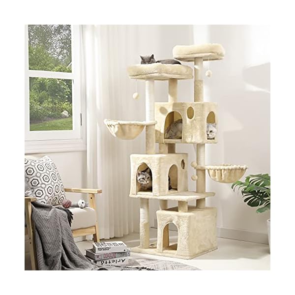 MSmask Kratzbaum für große Katzen, Katzenbaum mit 2 Plattformen und 3 Katzenhöhlen, Stabiler Kletterbaum (156CM Beige) – Bild 3