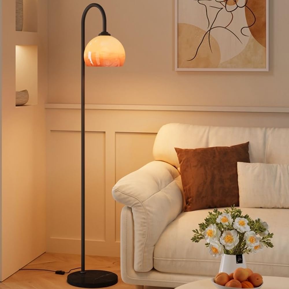 Klkrzjwy Black Contemporary Globe Glass Floor Lamp 63" Orange Floor Light Arc Tall Lamp With Marble Base E26 Dimmable Standing Light For Living Room Reading Room Bedroom Villa