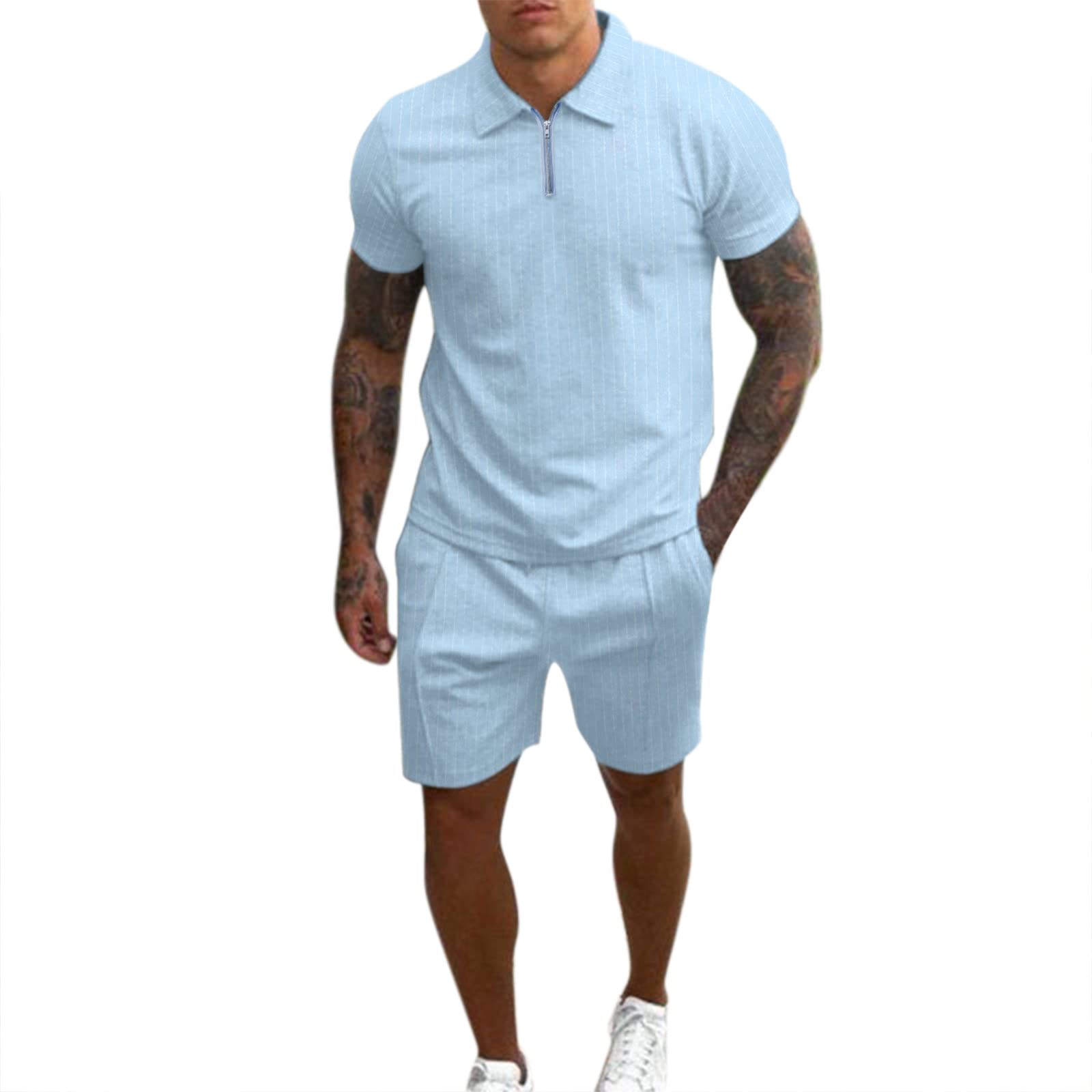 Tuta da uomo per il tempo libero, slim fit, da lavoro, con polo e pantaloncini, set estivo, tinta unita, classica, morbida, confortevole, per attività all'aperto, sport, per tutti i giorni e