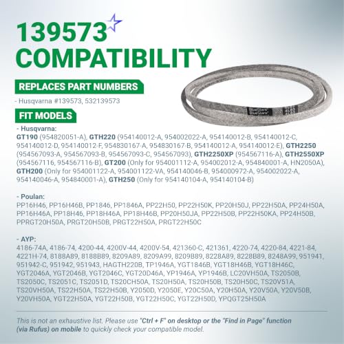 Image of BlueStars 139573 Primary Deck Belt Aramid Cord Belt 1 /2 inch x 83 inch | For Husqvarna 532139573 GTH220 GT190 GTH2250 GTH 2250 XP GTH2550XP GTH200 Craftsman AYP Poulan Lawn Mower Garden Tractor