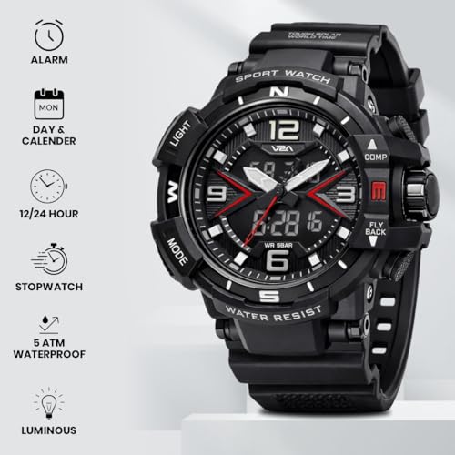 Image of V2A Stryke 50mm Analog Digital Watch for Men | Red X Tactical Dial Design | Alarm Stopwatch Backlight Day Date | Rugged Sports Watch with TPU Strap | 50M Water Resistant | Gift for Mens