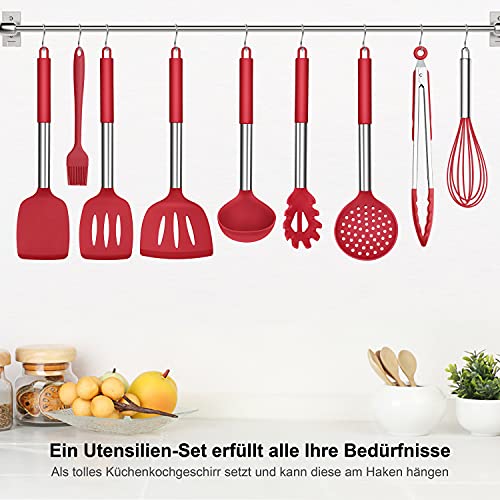 Herogo Küchenhelfer Set, 25 Stück Silikon Küchenutensilien mit Halter, Hitzebeständiger Kochbesteck Set mit Edelstahlgriff, Antihaft Kochutensilien Küchenset, Aufbewahrungsbehälter, Rot