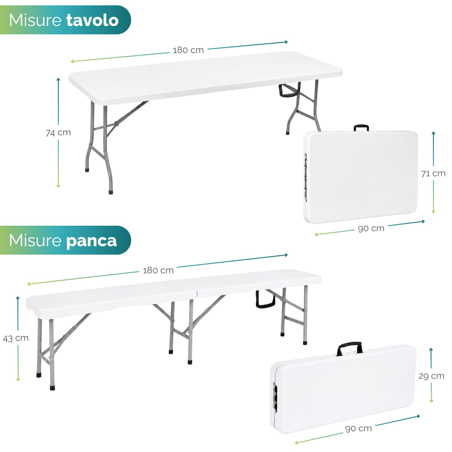 PALUPLUS Set Tavolo Catering con 2 Panche Pieghevoli, Tavolo da 180x71x74 cm e Panca da 180x29x43 cm, Set a Valigetta in Resina con Struttura in Metallo e Maniglia per trasporto -344F/8745F -28