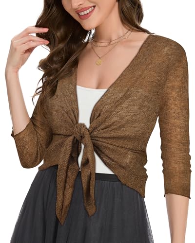 Image of Women Crop Cardigan Sheer Mesh Bolero Shrug for Dress Tie Front 3 /4 Sleeve Tops