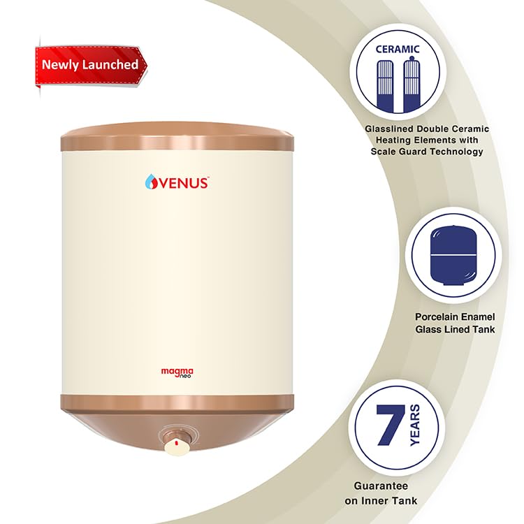 Image of Venus Magma Neo 15 (015SE) Litre 5 Star Vertical Storage Water Heater, Ivory and White, Electric, with Double Ceramic Heating Element, PUF Insulation, Glass Lined Tank, 220V