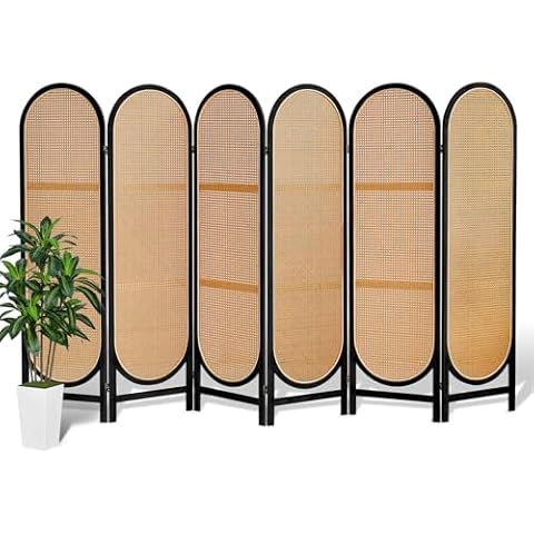 Asnefeli 6 Panels Room Divider, Foldable Wooden Room Divider, Individual Privacy Screen Made of Hand-Woven Rattan, Portable Wall Divider for Home Office Bedroom Bathroom Dressing Room (Black Natural) Cover