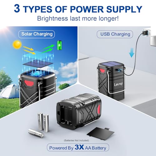 LETMY 4 Pack Camping Lantern, Rechargeable LED Lanterns, Solar Lantern Battery Powered Hurricane Lanterns Flashlight with 3 Powered Ways & USB Cable for Emergency, Power Outage, Hurricane Supplies