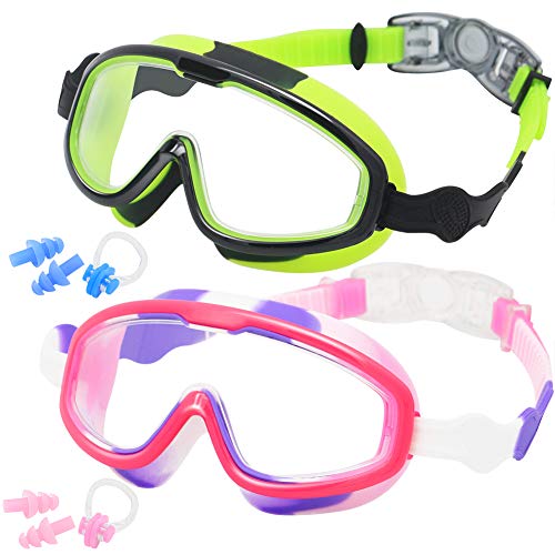 Kids Swim Goggles, 2 Pack Wide Vision Swimming Goggles for 3 to 15 Year Old No Leaking Anti-Fog UV Protection for Children, Girls, Boys and Early Teens, Black Green & Pink White