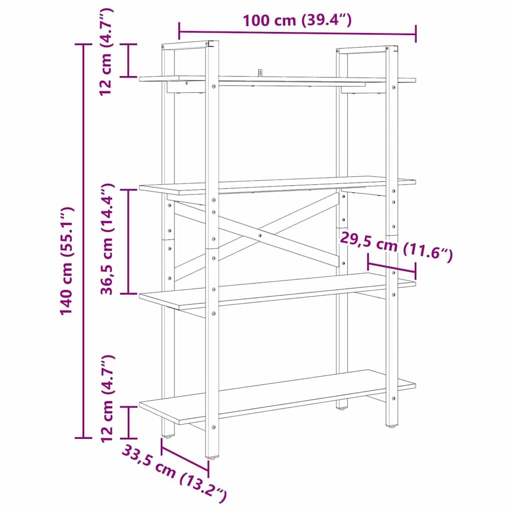 Regał na książki stare drewno, 100 x 33,5 x 140 cm, materiał drewnopochodny z wytrzymałą stalową ramą, 4 półki, regał stojący, uniwersalny system regałów do biura, salonu, sypialni