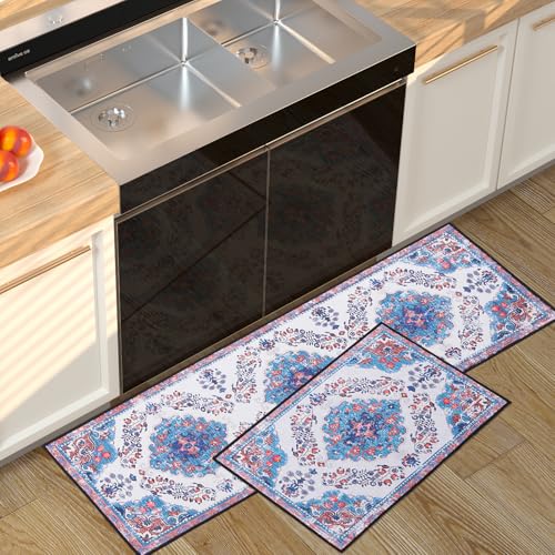 Fecialy Juego de 2 Piezas de alfombras de Cocina Antideslizantes, Alfombrillas Retro Lavables con Base de Silicona,40x60cm+40x120cm