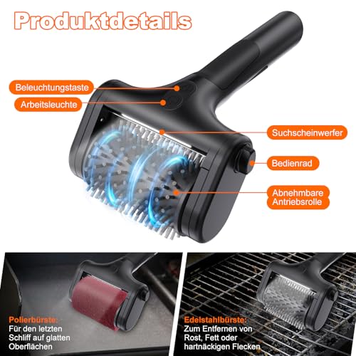 Elektrische Grillbürste,2 Stufen Reinigung 590U/min,1000U/min& LED-Licht Elektrische Reinigungsbürste,Zwei Bürstenköpfe Wasserdicht Wiederaufladbare Reinigungsbürste Elektrisch für Grillroste Schwarz