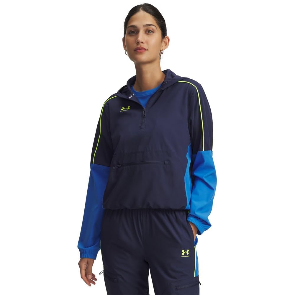 Under Armour Women's Challenger Anorak, Ladies' Jacket with Half-Zip Front, Water-Repellent Women's Anorak for Training and Outdoor Wear,Washed Navy / / High Vis Yellow,MD